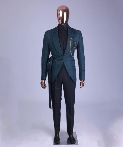 A Phythalo Green, Floral Patterned Shawl Lapel, Single Button Smoking Tuxedo Suit
