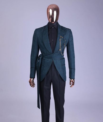 A Phythalo Green, Floral Patterned Shawl Lapel, Single Button Smoking Tuxedo Suit