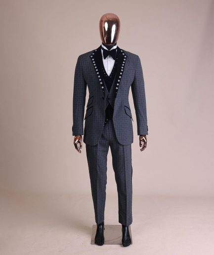 A Grey Octagonal Patterned, Navy blue mix, notch lapel with mixed Swarovski button details