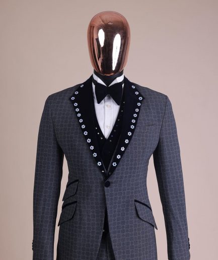 A Grey Octagonal Patterned, Navy blue mix, notch lapel with mixed Swarovski button details