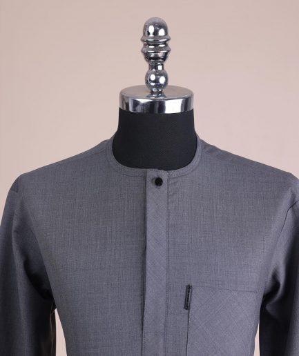 A Steel Grey, Front Flap With Black Swarovski Button Detailing Kaftan