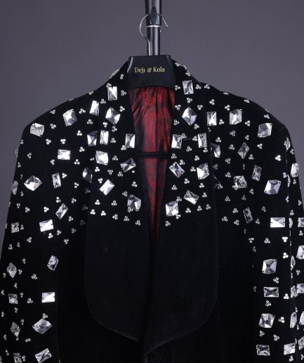 A Charcoal Black Velvet With A Clear View Of Glass and Stone Swarovski Mix Shawl Lapel Single Button Tuxedo Blazer Suit.