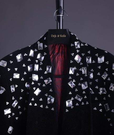 A Charcoal Black Velvet With A Clear View Of Glass and Stone Swarovski Mix Shawl Lapel Single Button Tuxedo Blazer Suit.