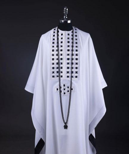 A White, Connected Square Embroidery Design With Matching Black And Silver Swarovski Stone Details Agbada
