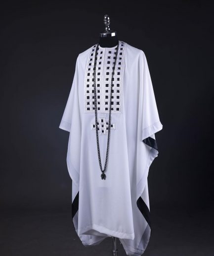 A White, Connected Square Embroidery Design With Matching Black And Silver Swarovski Stone Details Agbada