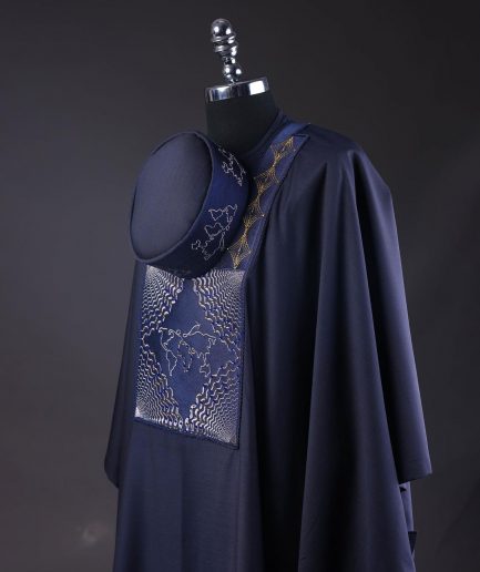 A Navy Blue, Ajala The Traveler Metallic Wire Embroidery Details Agbada