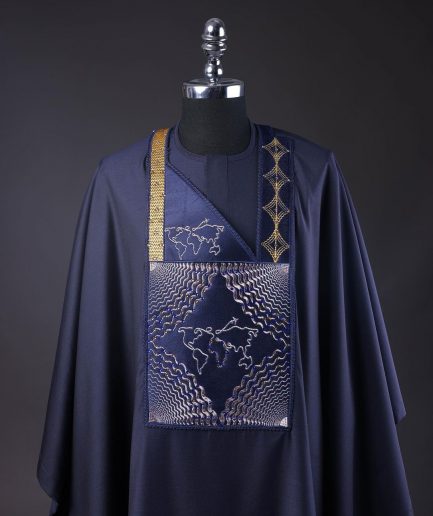 A Navy Blue, Ajala The Traveler Metallic Wire Embroidery Details Agbada