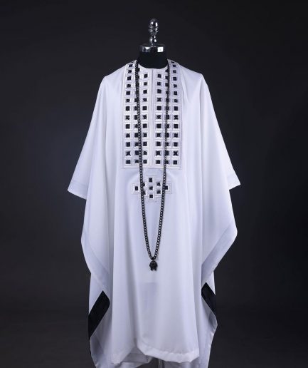 A White, Connected Square Embroidery Design With Matching Black And Silver Swarovski Stone Details Agbada