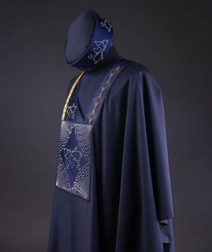A Navy Blue, Ajala The Traveler Metallic Wire Embroidery Details Agbada