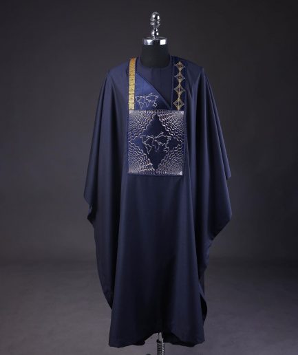 A Navy Blue, Ajala The Traveler Metallic Wire Embroidery Details Agbada