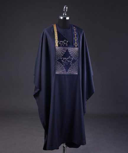 A Navy Blue, Ajala The Traveler Metallic Wire Embroidery Details Agbada