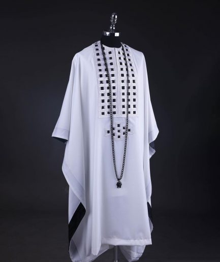 A White, Connected Square Embroidery Design With Matching Black And Silver Swarovski Stone Details Agbada