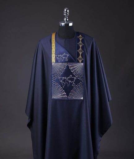 A Navy Blue, Ajala The Traveler Metallic Wire Embroidery Details Agbada