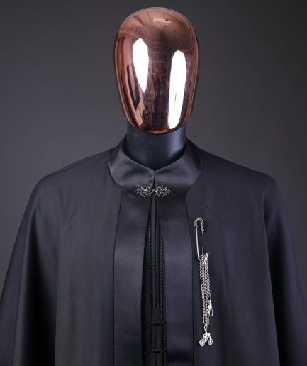 A “Darth Vader” Monochrome Charcoal Black Cape With Silk Taping, Long Sleeve African Senator Safari Kaftan Native & sokoto