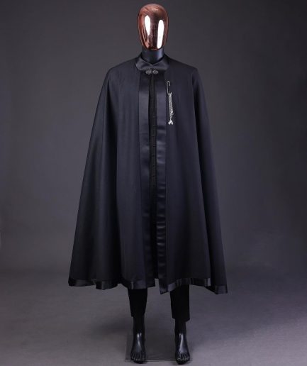 A “Darth Vader” Monochrome Charcoal Black Cape With Silk Taping, Long Sleeve African Senator Safari Kaftan Native & sokoto
