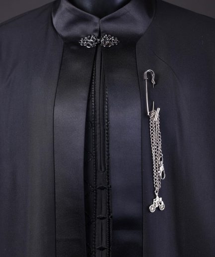 A “Darth Vader” Monochrome Charcoal Black Cape With Silk Taping, Long Sleeve African Senator Safari Kaftan Native & sokoto