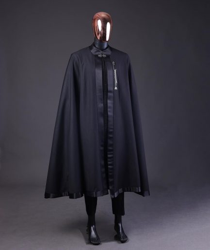 A “Darth Vader” Monochrome Charcoal Black Cape With Silk Taping, Long Sleeve African Senator Safari Kaftan Native & sokoto