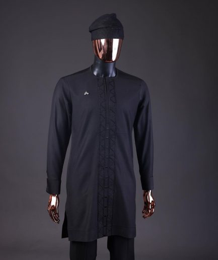 A Charcoal Black, Drop Down Lay Embroidery Detailing Kaftan, Hand Woven Yoruba Hat & Sokoto