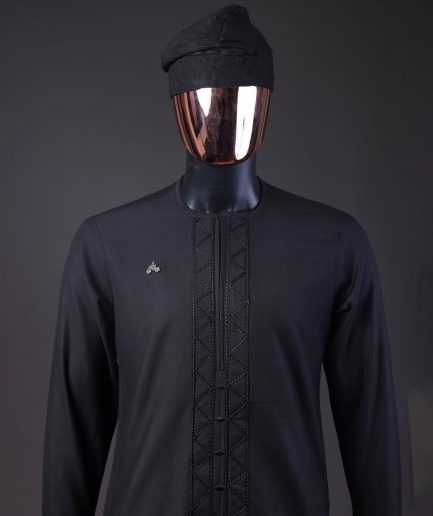 A Charcoal Black, Drop Down Lay Embroidery Detailing Kaftan, Hand Woven Yoruba Hat & Sokoto