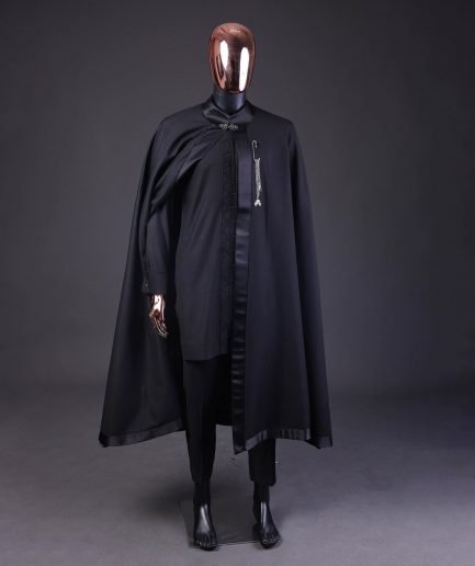 A “Darth Vader” Monochrome Charcoal Black Cape With Silk Taping, Long Sleeve African Senator Safari Kaftan Native & sokoto