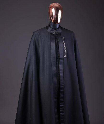 A “Darth Vader” Monochrome Charcoal Black Cape With Silk Taping, Long Sleeve African Senator Safari Kaftan Native & sokoto