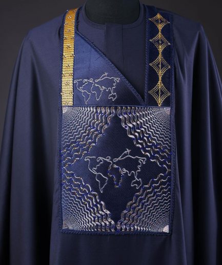 A Navy Blue, Ajala The Traveler Metallic Wire Embroidery Details Agbada
