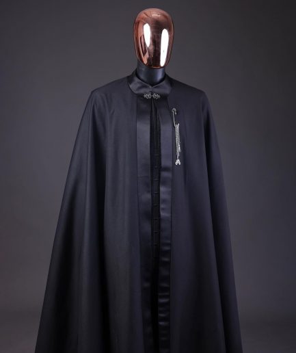 A “Darth Vader” Monochrome Charcoal Black Cape With Silk Taping, Long Sleeve African Senator Safari Kaftan Native & sokoto