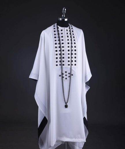 A White, Connected Square Embroidery Design With Matching Black And Silver Swarovski Stone Details Agbada