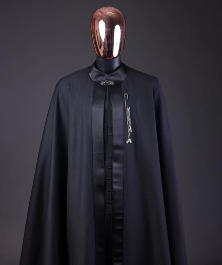 A “Darth Vader” Monochrome Charcoal Black Cape With Silk Taping, Long Sleeve African Senator Safari Kaftan Native & sokoto