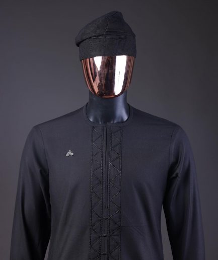 A Charcoal Black, Drop Down Lay Embroidery Detailing Kaftan, Hand Woven Yoruba Hat & Sokoto