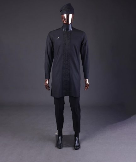 A Charcoal Black, Drop Down Lay Embroidery Detailing Kaftan, Hand Woven Yoruba Hat & Sokoto