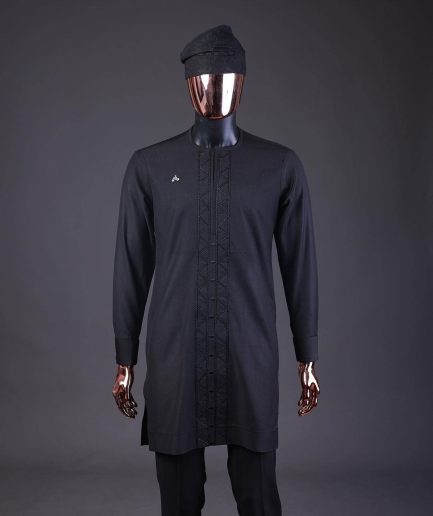 A “Darth Vader” Monochrome Charcoal Black Cape With Silk Taping, Long Sleeve African Senator Safari Kaftan Native & sokoto