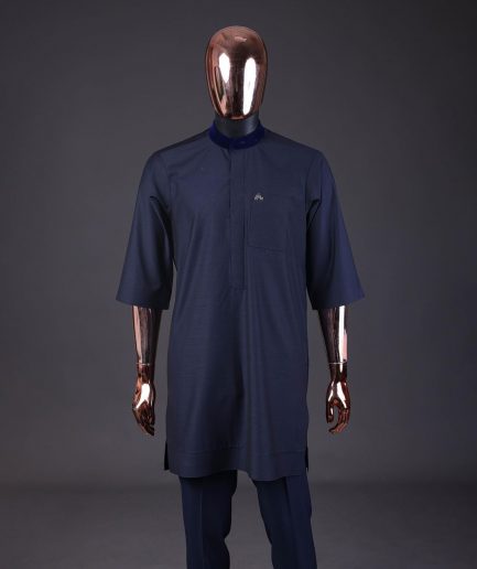 A “krosscut” layered, minted Gold, Skye, navy and admiral blue mix metallic jacquard front cut agbada.