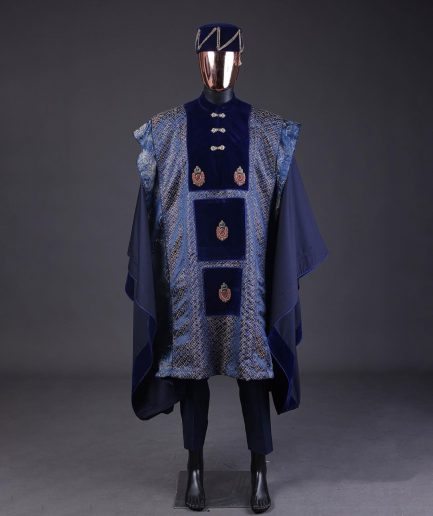 A “krosscut” layered, minted Gold, Skye, navy and admiral blue mix metallic jacquard front cut agbada.