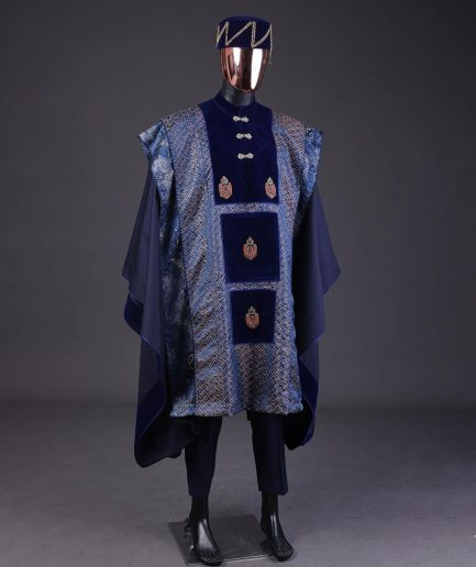 A “krosscut” layered, minted Gold, Skye, navy and admiral blue mix metallic jacquard front cut agbada.