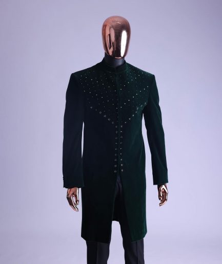 An Emerald Green Safari Suit With Mixed Swarovski Stones Detailing