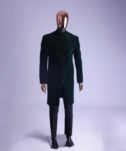 An Emerald Green Safari Suit With Mixed Swarovski Stones Detailing