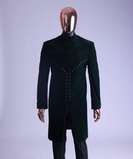 An Emerald Green Safari Suit With Mixed Swarovski Stones Detailing