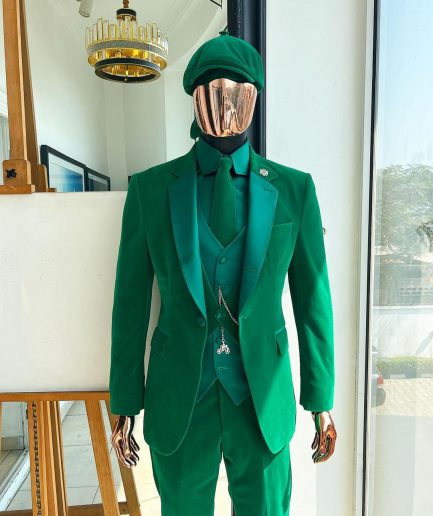 A Monochrome “Peaky Blinders” Cadmium Green, Soaked Velvet Fabric, Knitted, Notch Lapel Suit