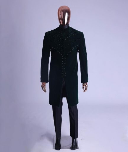 An Emerald Green Safari Suit With Mixed Swarovski Stones Detailing