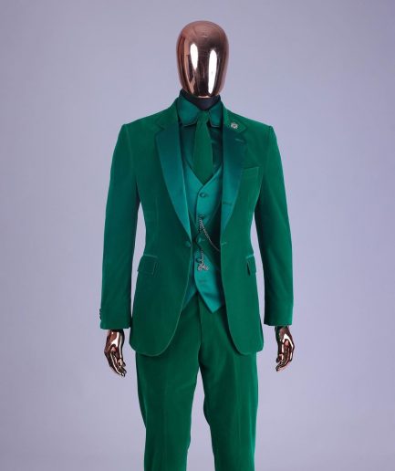 A Monochrome “Peaky Blinders” Cadmium Green, Soaked Velvet Fabric, Knitted, Notch Lapel Suit