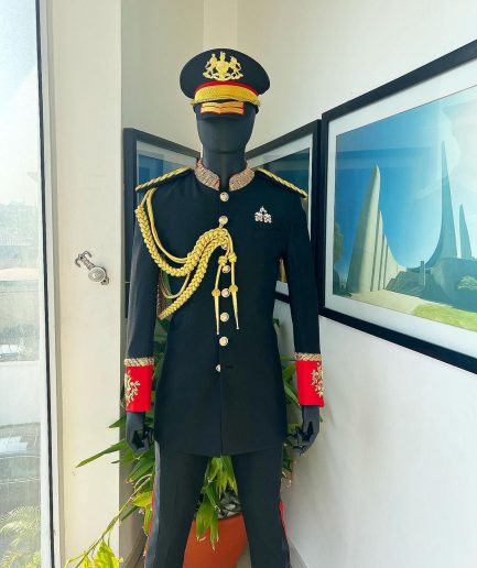 A Charcoal Black, Safari Military Jacket Attire with Hand-Knitted Metallic Wire Embroidery