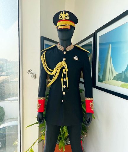 A Charcoal Black, Safari Military Jacket Attire with Hand-Knitted Metallic Wire Embroidery