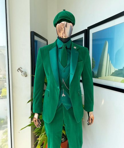 A Monochrome “Peaky Blinders” Cadmium Green, Soaked Velvet Fabric, Knitted, Notch Lapel Suit
