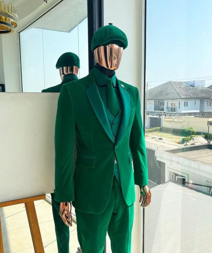 A Monochrome “Peaky Blinders” Cadmium Green, Soaked Velvet Fabric, Knitted, Notch Lapel Suit