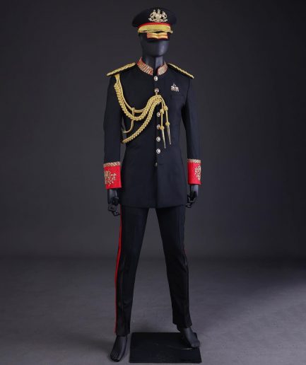 A Charcoal Black, Safari Military Jacket Attire with Hand-Knitted Metallic Wire Embroidery