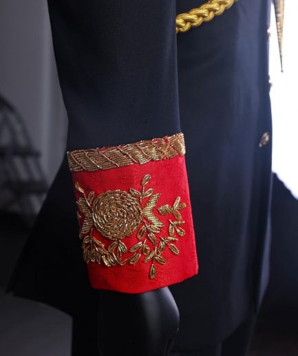 A Charcoal Black, Safari Military Jacket Attire with Hand-Knitted Metallic Wire Embroidery