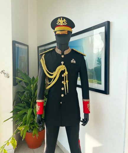 A Charcoal Black, Safari Military Jacket Attire with Hand-Knitted Metallic Wire Embroidery