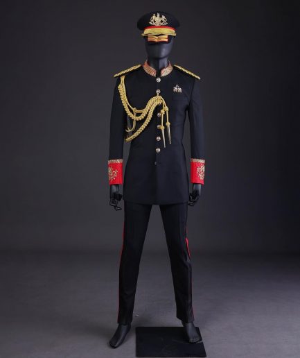 A Charcoal Black, Safari Military Jacket Attire with Hand-Knitted Metallic Wire Embroidery