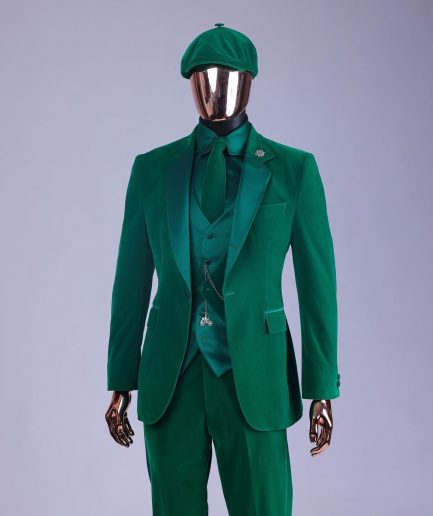 A Monochrome “Peaky Blinders” Cadmium Green, Soaked Velvet Fabric, Knitted, Notch Lapel Suit
